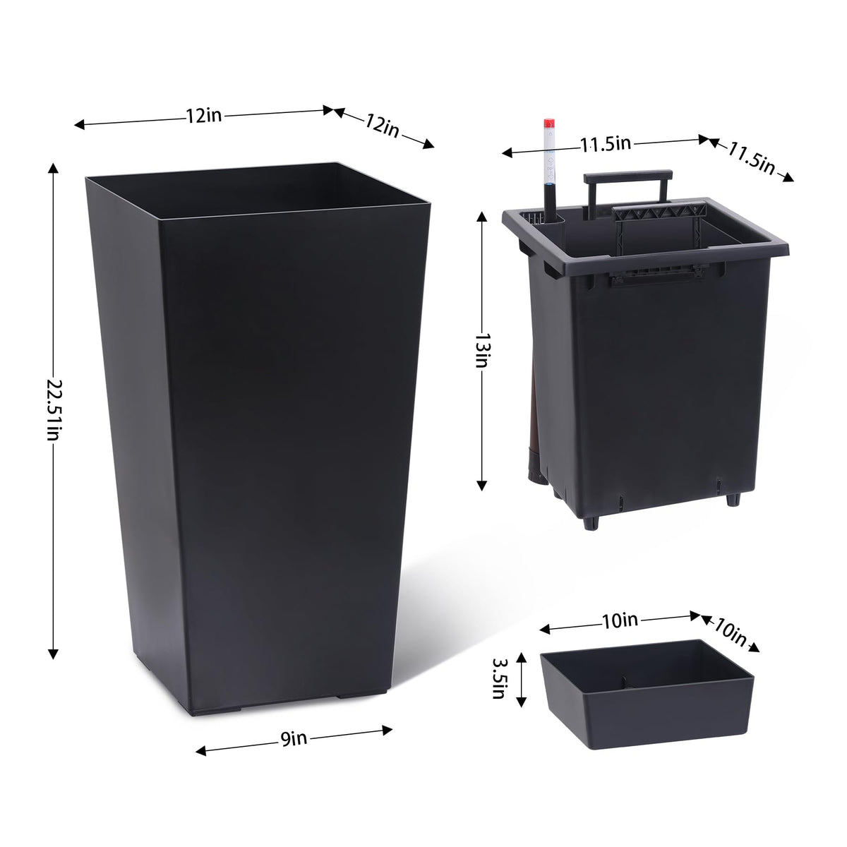 Black Planters Outdoor Set of 2, 22 Inch Tall Plastic Planter with Drainage Holes & Water Level Monitor & Inner Bucket, Indoor & Outdoor Large Planters for Front Porch, Patio, Balcony, Living Room