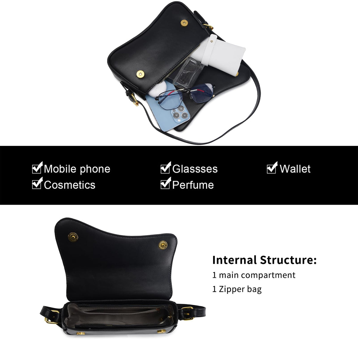Shoulder Bag for women Clutch Purse Handbag PU Leather Tote Bag with 2 Removable Straps and Zipper Closure Crossbody Bags (A-Black)