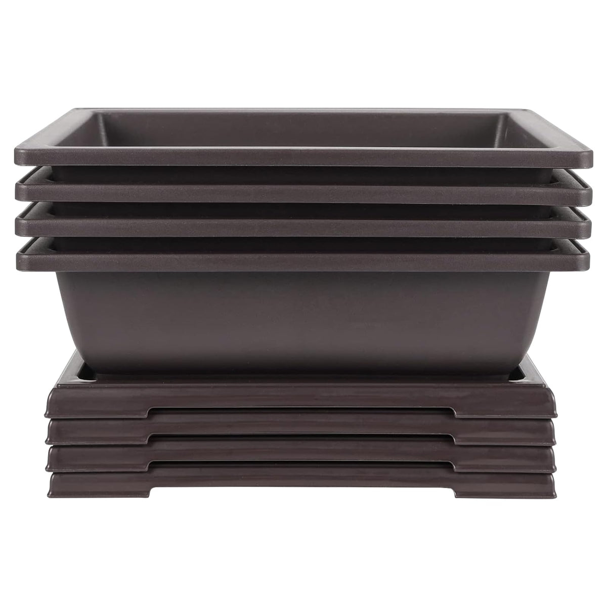 JEUIHAU 4 Pack 14 Inch Bonsai Training Pots with Tray, Rectangular Plant Pot with Drainage Hole, Brown Bonsai Tree Pot, Plastic Bonsai Planter Pots for Succulent, Herb, Flower, Potted Plant
