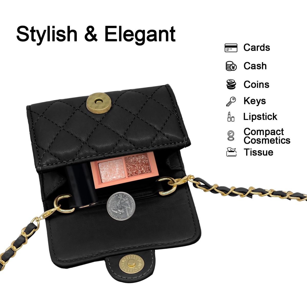 YAMEIZE Mini PU Leather Chain Belt Bag for Women Quilted Waist Purse Crossbody Fanny Pack Detachable Belt Chain