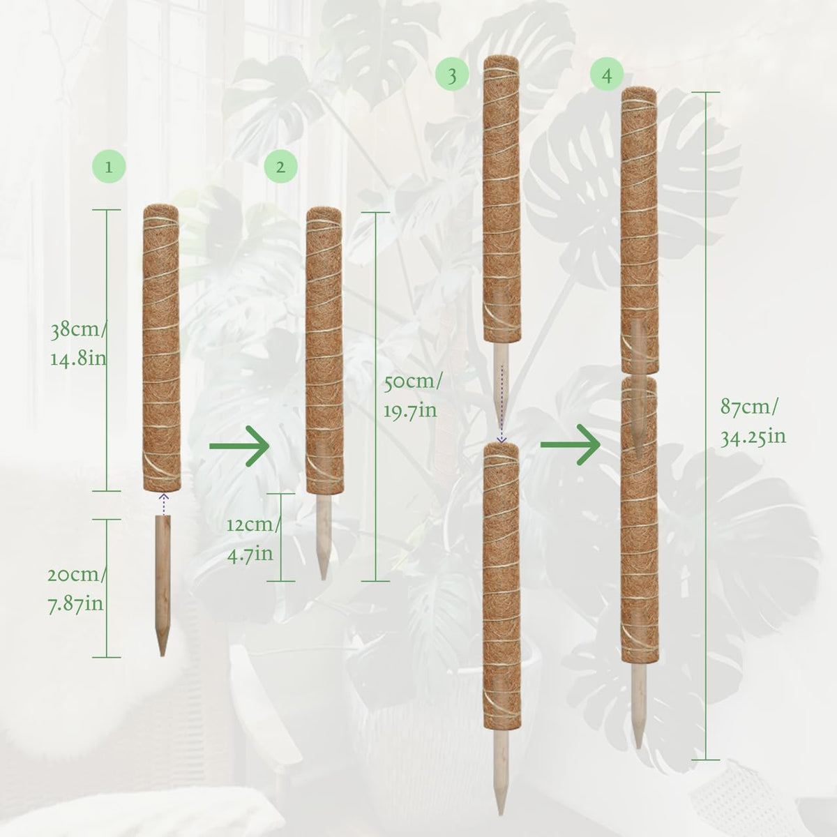 Moss Pole for Plants 4 Pack Natural Coco Coir Climbing Support Stakes with Plant Ties Indoor Monstera Plant Training Extension Poles 14.8inch Each Total 59.2inch