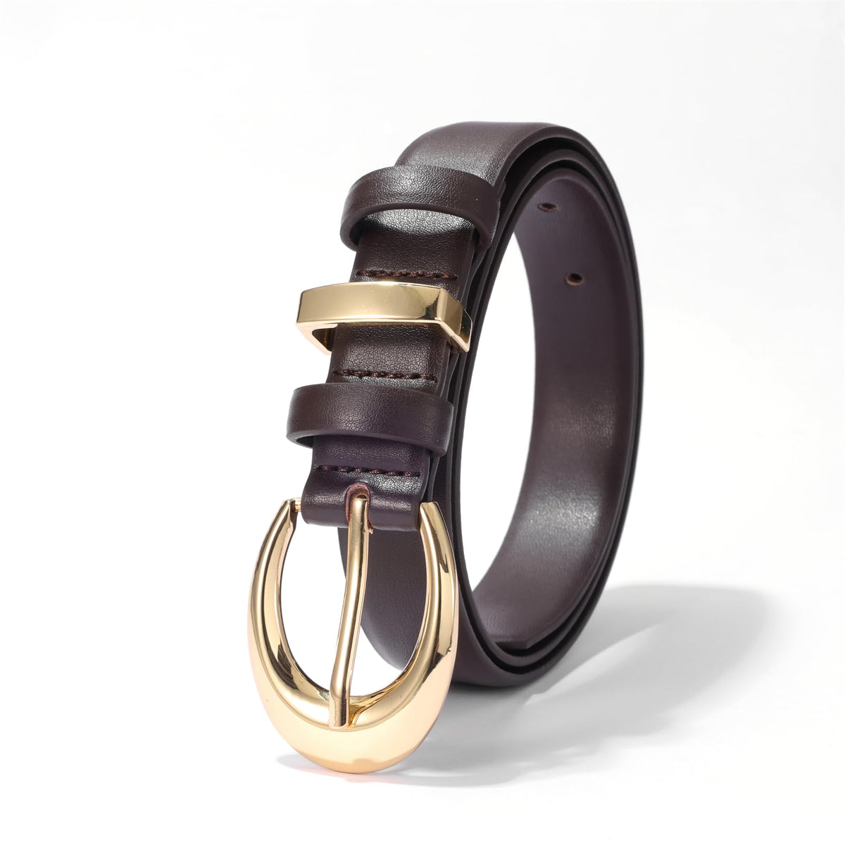 KONQUWA Women's Cow Leather Belt for Jeans Pants Fashion Ladies Skinny Dress Waist belt with Gold Buckle (Coffee/Gold Buckle,37″-43″)