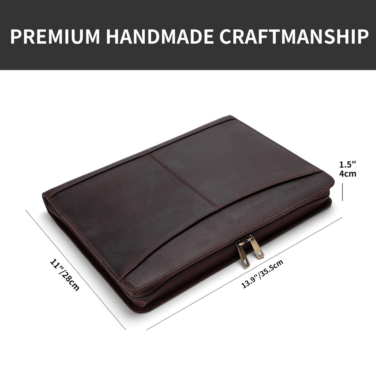 Geslun Genuine Leather Portfolio with Front Pocket for Men and Women, Zippered Padfolio Binder 8.5 x 11 Legal Pad Notebook Holder, Fits 13” Laptop, Professional Work File Case, Dark Brown