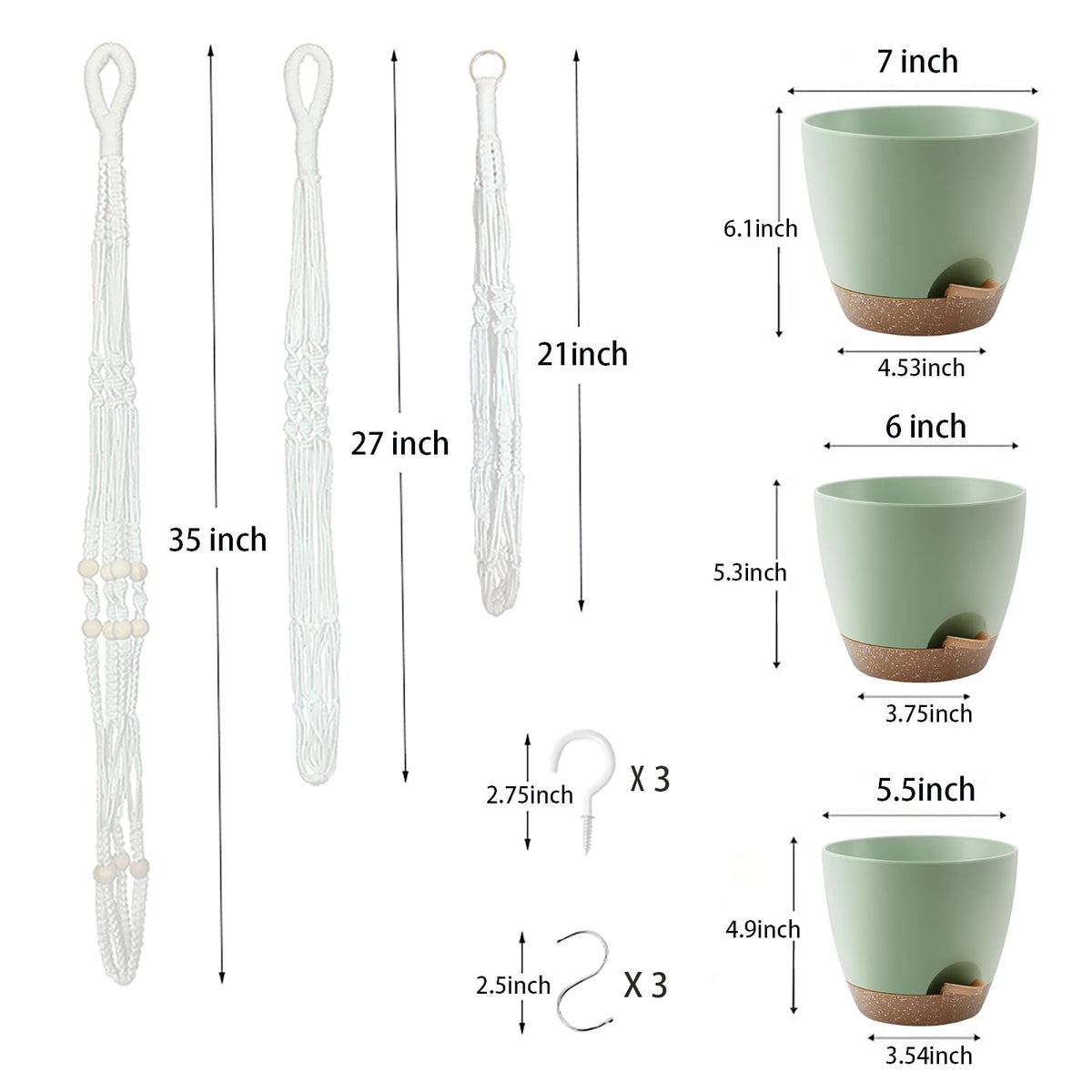 BLEAFLUV Hanging Planters with Macrame Plant Hangers for Indoor Outdoor Plants, 3 Set Hanging Baskets Flower Pots Holders 35''/27''/21'', Self-Watering Pots 7''/6''/5.5'', Boho Home Decor, Green