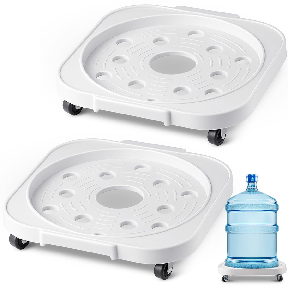SiliFine 2 Pack 5 Gallon Water Bottle Jug Caddy with 4 Rolling Swivel Casters Wheels 5 Gallon Bucket Dolly for Heavy Duty Garden Flower Pot Movers, Plant Stroller, 11" Inside Diameter (White)