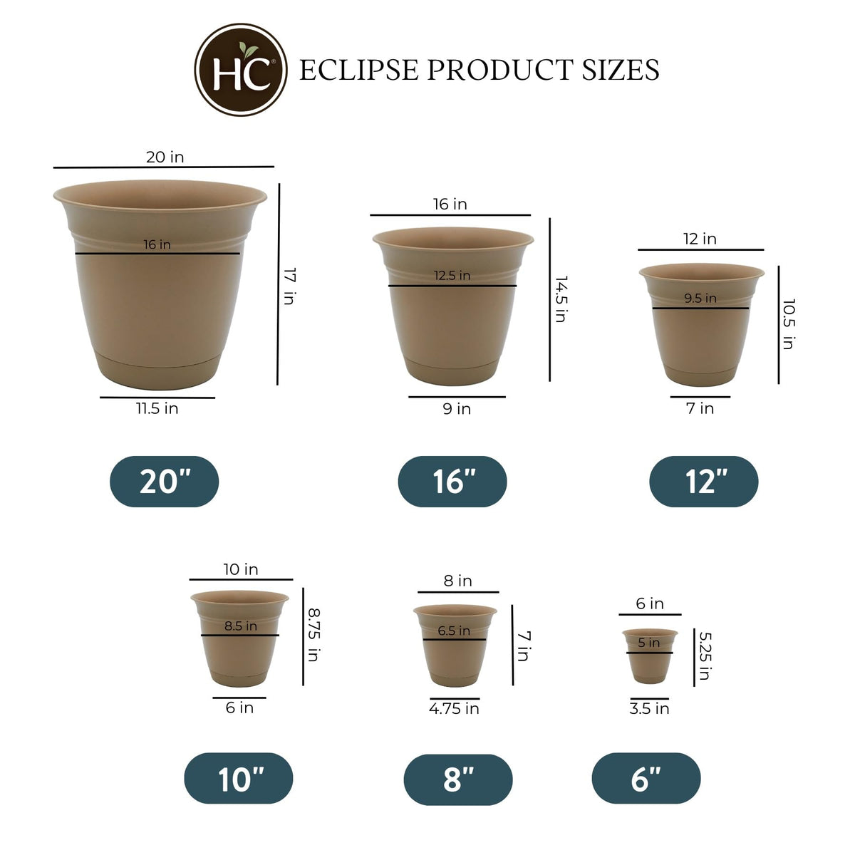 The HC Companies Eclipse Round Planter with Saucer - Outdoor & Indoor Plant Pot with Drainage Holes - Lightweight, UV-Resistant Plastic Pots for Plants, Flowers & Herbs (6" Sandstone, Pack of 1)