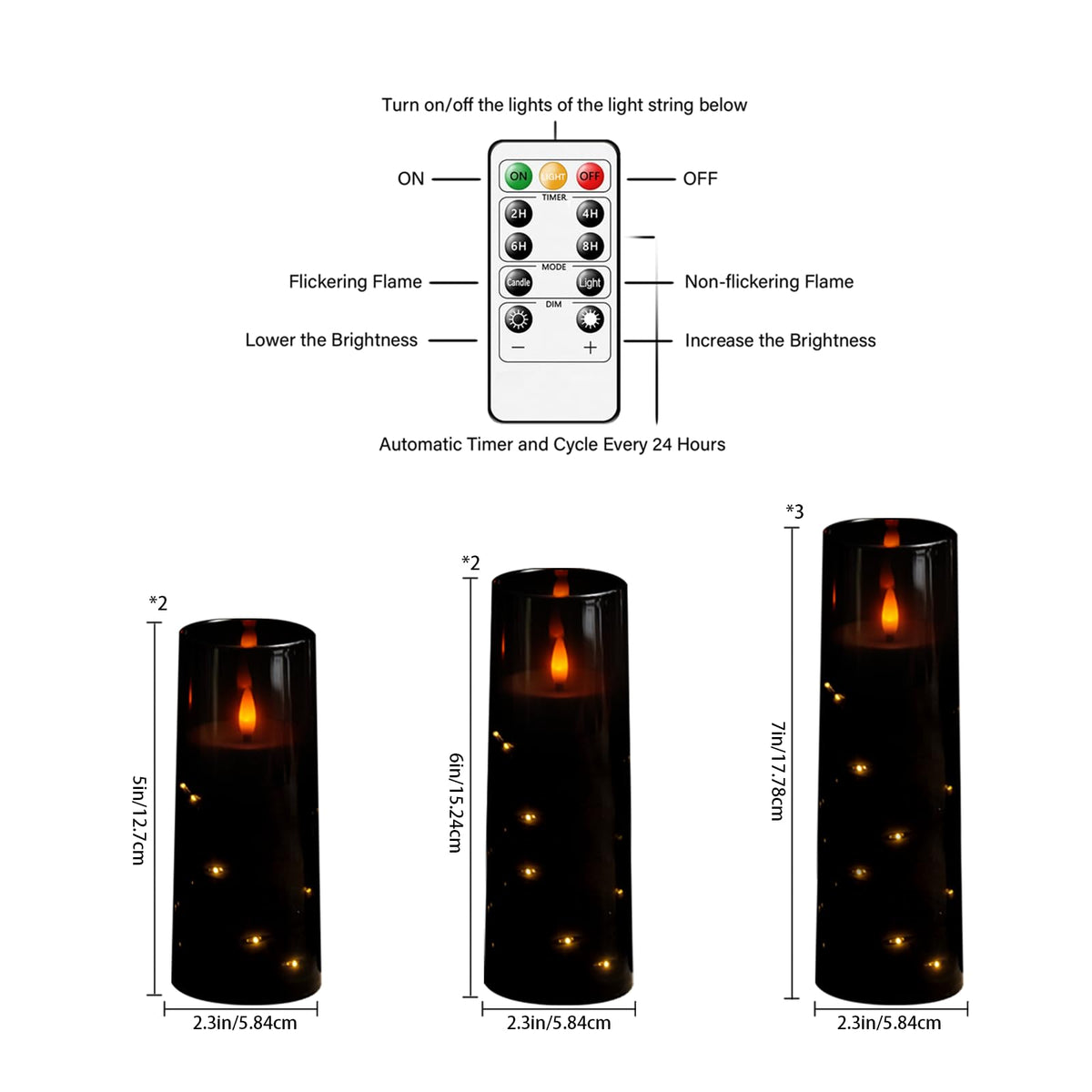 Flameless Candles,with Embedded Star String, Battery Operated Candles Flickering LED Pillar Candles with Remote Control and Timer, Home Decoration Add a Warm and Romantic Atmosphere，Set of 7 (Black)