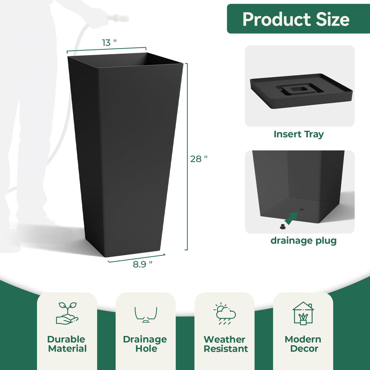 WORTH Garden Large 28 in.Tall Planters Set of 2 for Indoor and Outdoor, Heavy Duty Plastic Black Modern Taper Flower Plant Pots with Drainage Hole and Dual-Purpose Tray for Front Porch, Patio