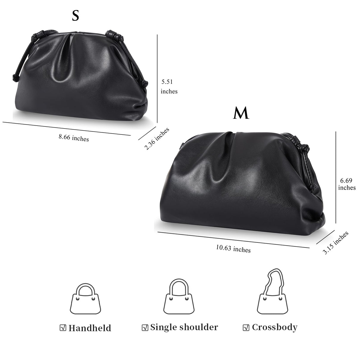 Huralona Dressy Pleated Vegan Leather Clutch Purse Super Soft Cloud Dumpling Clutch Bag for Women PU Evening Purse Handbag (Black, M)