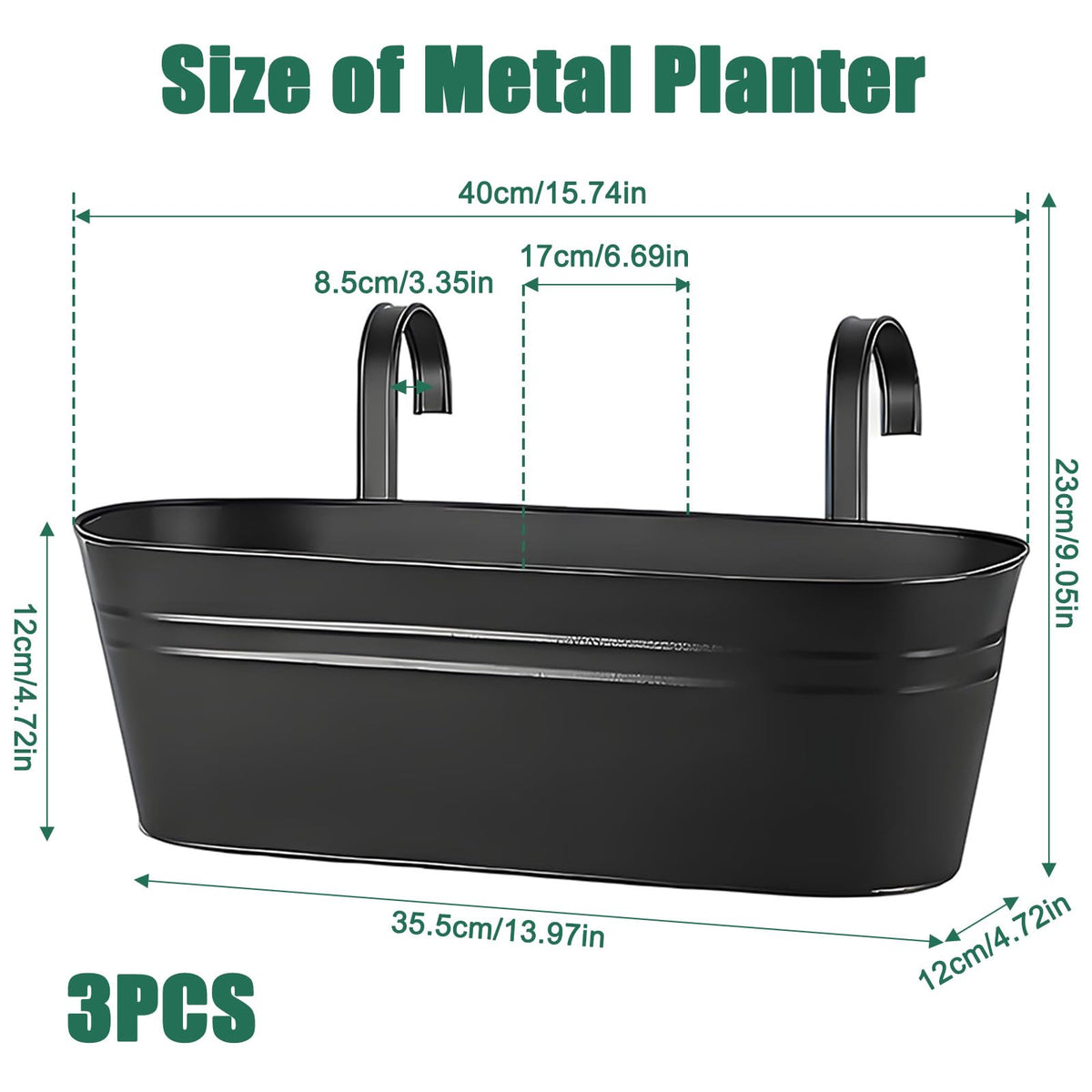 MICOKAY 3 PCS Deck Planters for Railing, 16 Inch Porch Railing Planters with Detachable Hooks and Drain Holes, Oval Hanging Flower Pots for Fence Garden, Black Metal Outdoor Planter Boxes