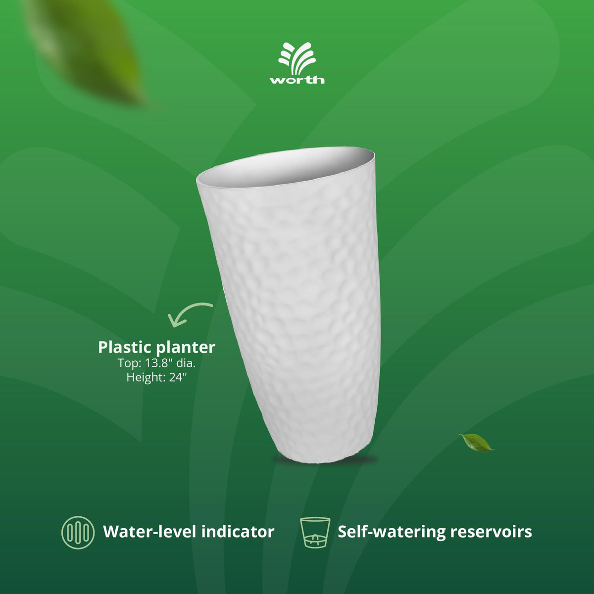 Worth 2 Pack 24" Tall Large Plastic Planter with Drainage Hole, Round Decorative Flower Plant Pit for Indoor or Outdoor Gardening, White