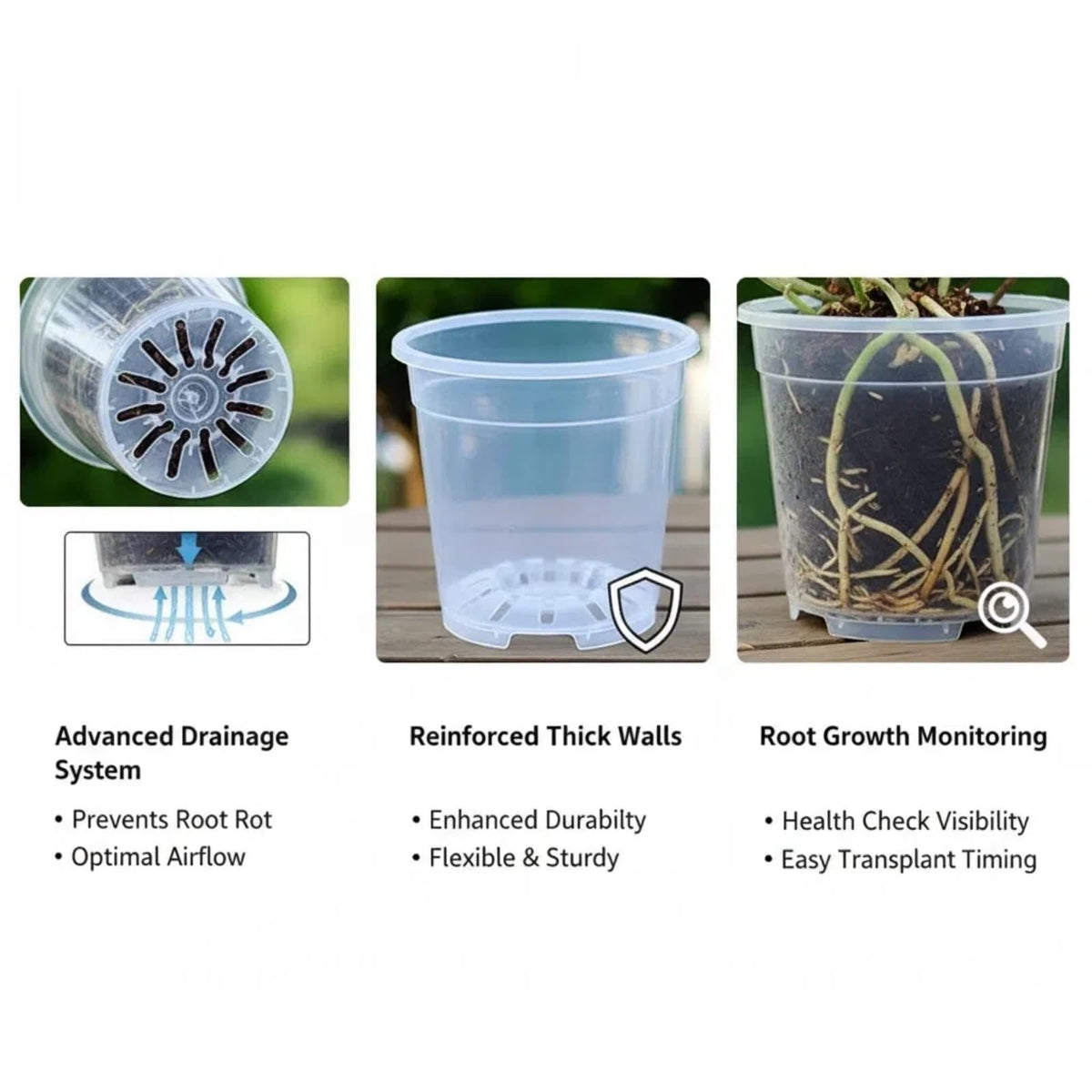 Vmeoap 12 Pack Clear Plant Pots with Saucers (5/6/7/7.5") - Extra Thick Transparent Plastic Nursery Pots for Orchids & Indoor Plants, Excellent Drainage Holes & Bonus Gardening Gloves
