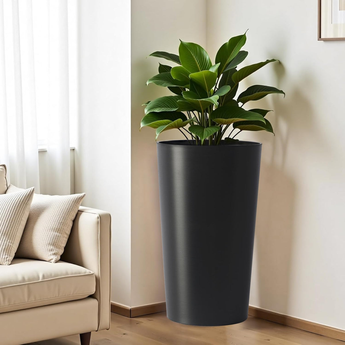 GDFStudio 21.7" Tall Planters Set of 2, Large Planter Pots with Drainage Holes, UV and Crack Resistant, Modern Matte Finish for Indoor Outdoor Balcony Patio Garden, Black