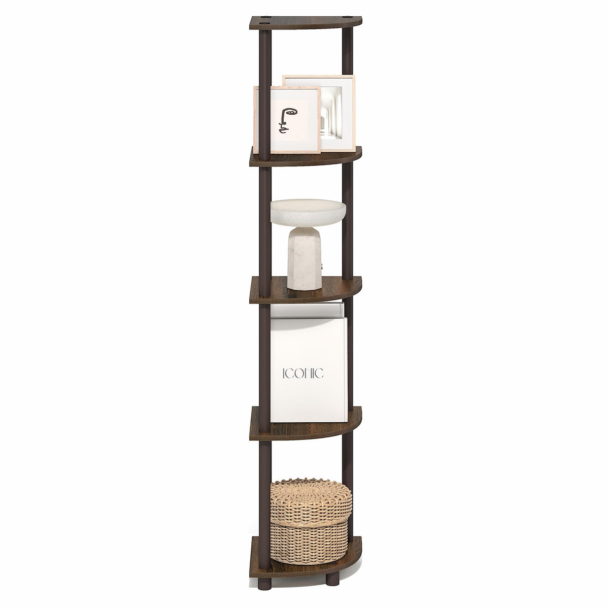 Furinno Turn-N-Tube Corner Shelf, 5-Tier Corner Bookshelf, Open Storage Shelves, for Organization and Storage, Living Room, Home Office, Garage, Bedroom, Black Walnut