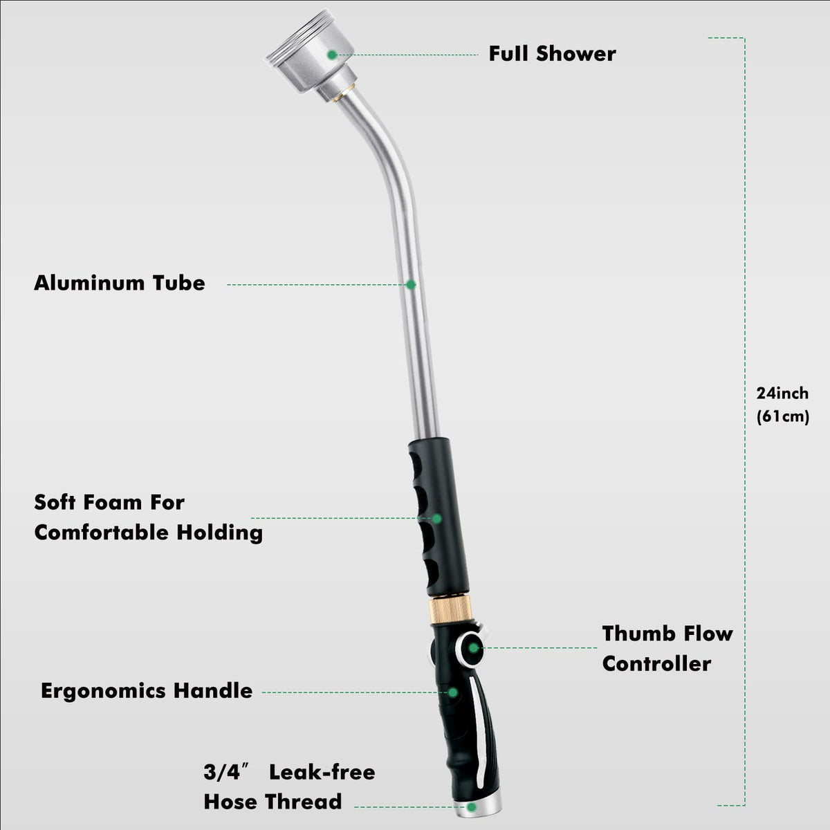 RESTMO Long Watering Wand, 24 Inches Gentle Soft Full Shower Sprayer Wand with Thumb Flow Control, Heavy Duty Metal Hose Wand for Hanging Baskets, Shrubs, Plants, Flowers, Garden and Lawn, Silver