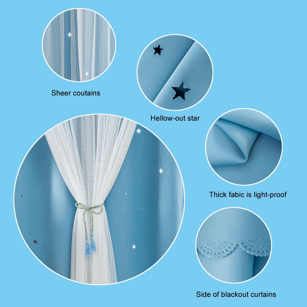 FANLI 2 Panels Star Blackout Curtains for Kid Girls Bedroom Living Room Darking Stripe Double Layer Star Cut Out Wall Home Decor Gradient Grommet Window Curtains (Blue 72L)