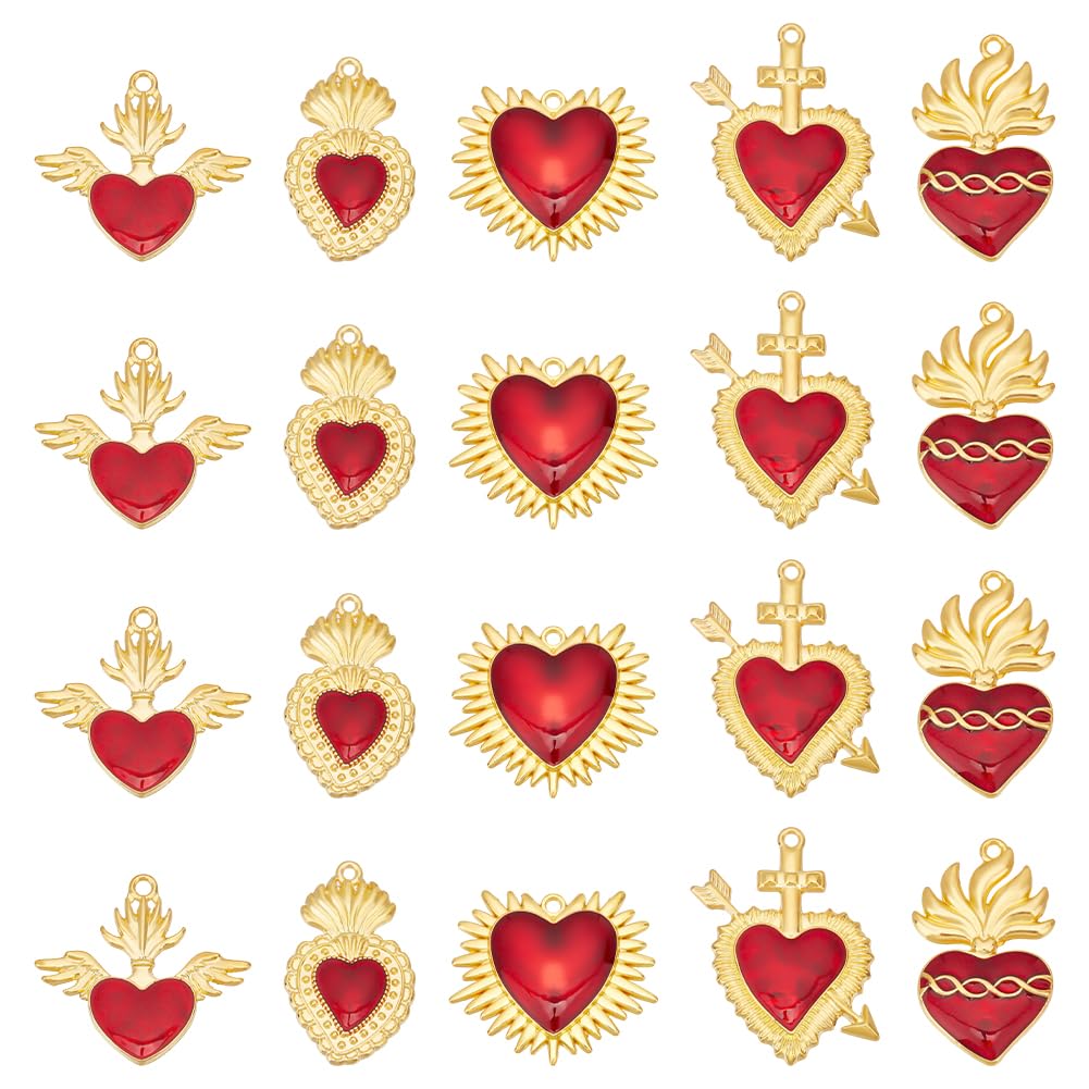 UNICRAFTALE 20Pcs 5 Styles Heart Charm Alloy Enamel Pendants Golden Sacred Heart Charm Red Heart Thistles Thorns Fancy Enamel Charm for Jewelry Making Charms Valentine's Day DIY Crafts Supplies