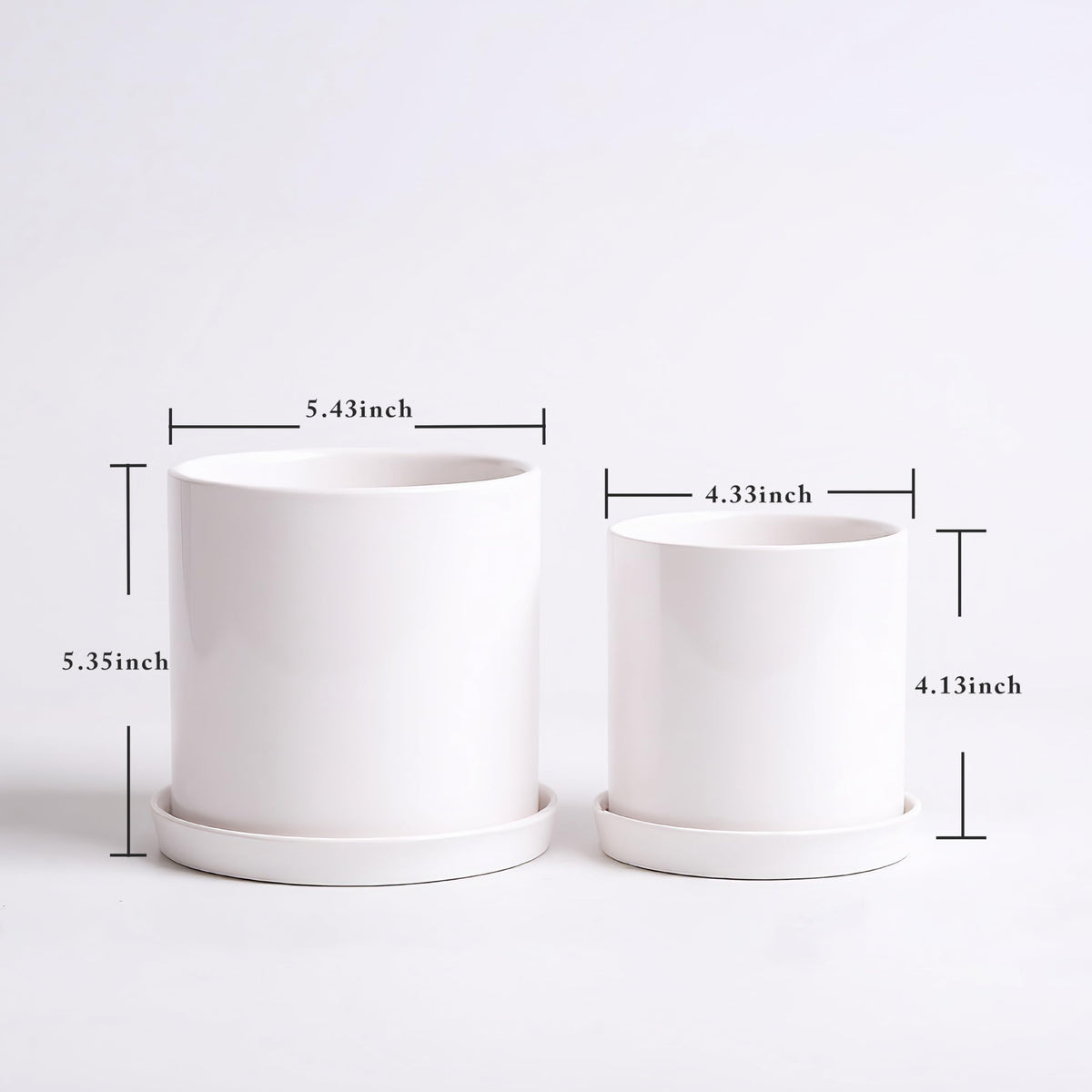TERRASTELLA Ceramic Plant Pots with Saucers 5.3+4.3 Inch, Set of 2 Small White Flower Pots for Succulents, Herbs, Small Indoor Plants, with Drainage Hole, Mesh Pads & Plugs, Modern Home Decor Gift