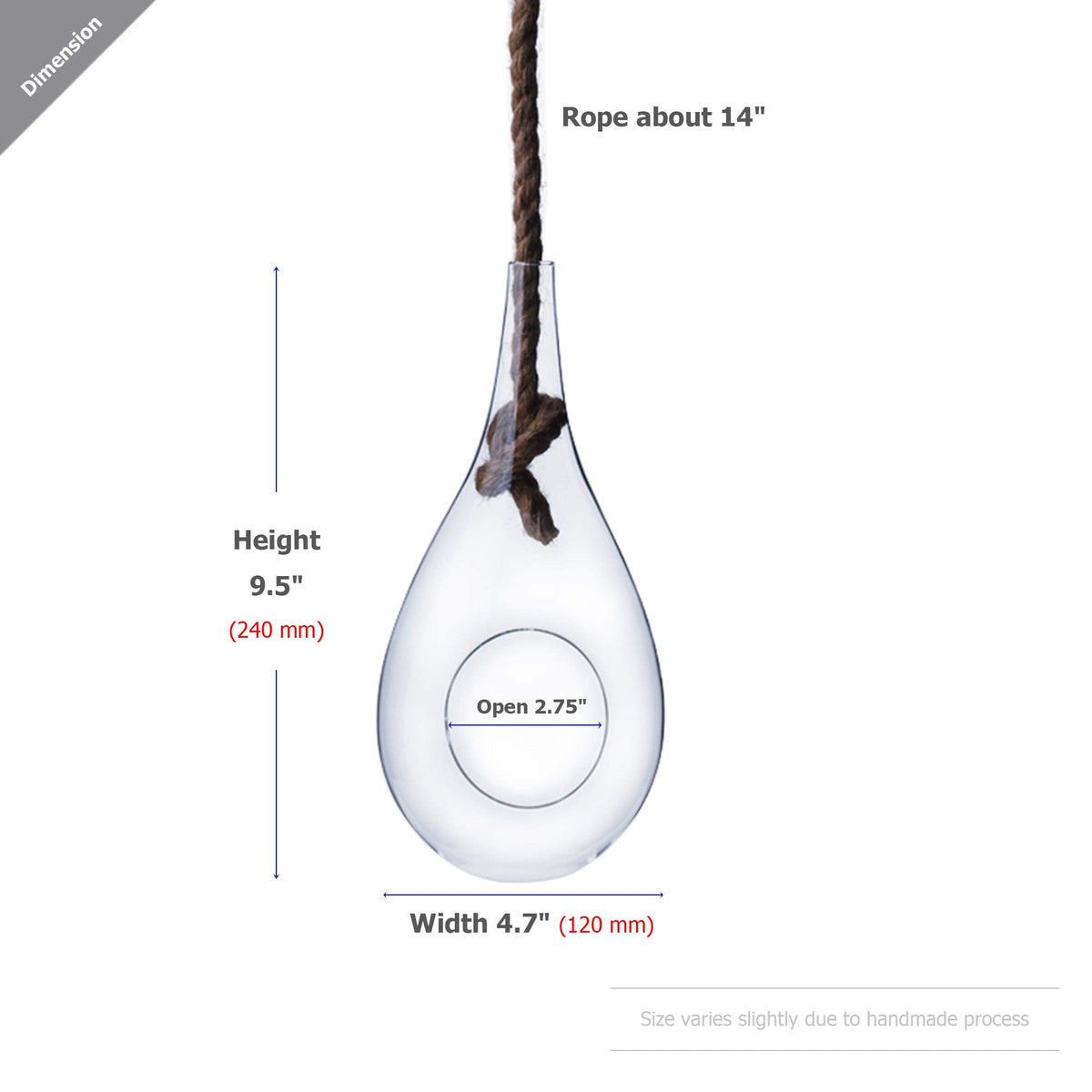 WGV Hanging Planter Terrarium, Width 5", Height 9.5", DIY Clear Glass Succulents Air Teardrop Floral Container (Including Rope), Candle Holder Vase for Outdoor Indoor Decor, 1 Piece