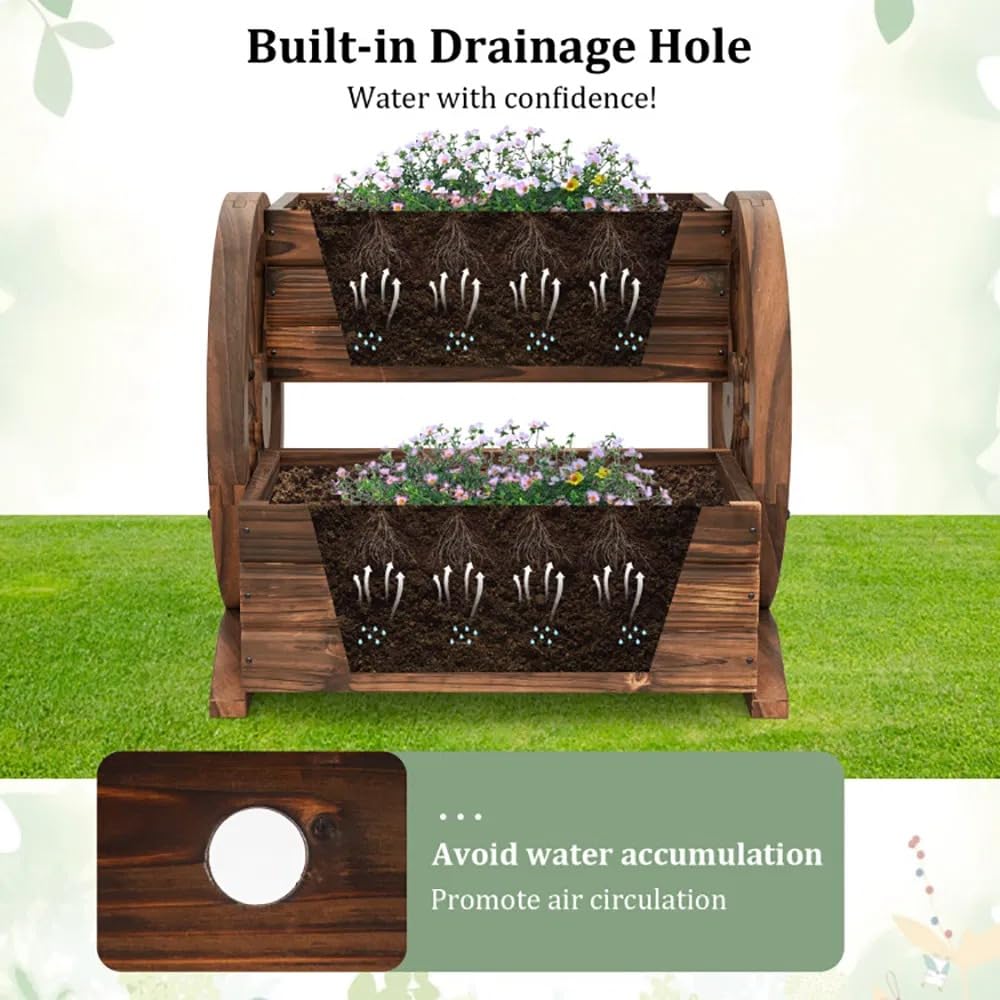 Piler Rustic 2-Tier Wooden Wagon Planter, Carbonized Fir Wood, Coffee Color, Raised Garden Bed with Wagon Wheel Design, 18 x 17.5 x 14 Inches, for Flowers, Herbs and Vegetables