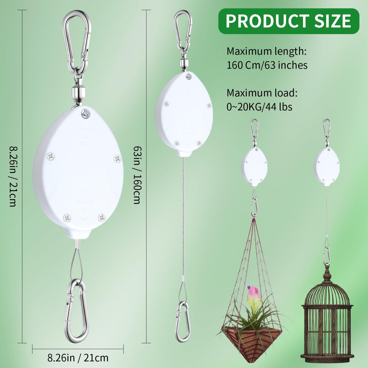 Heavy Duty Retractable Plant Hangers, Adjustable Pull-Down Pulleys with 63" Stainless Steel Rope, Double Hooks for Hanging Plants, Bird Feeders, Planters & Pots, Indoor & Outdoor Use (4Pcs- White)