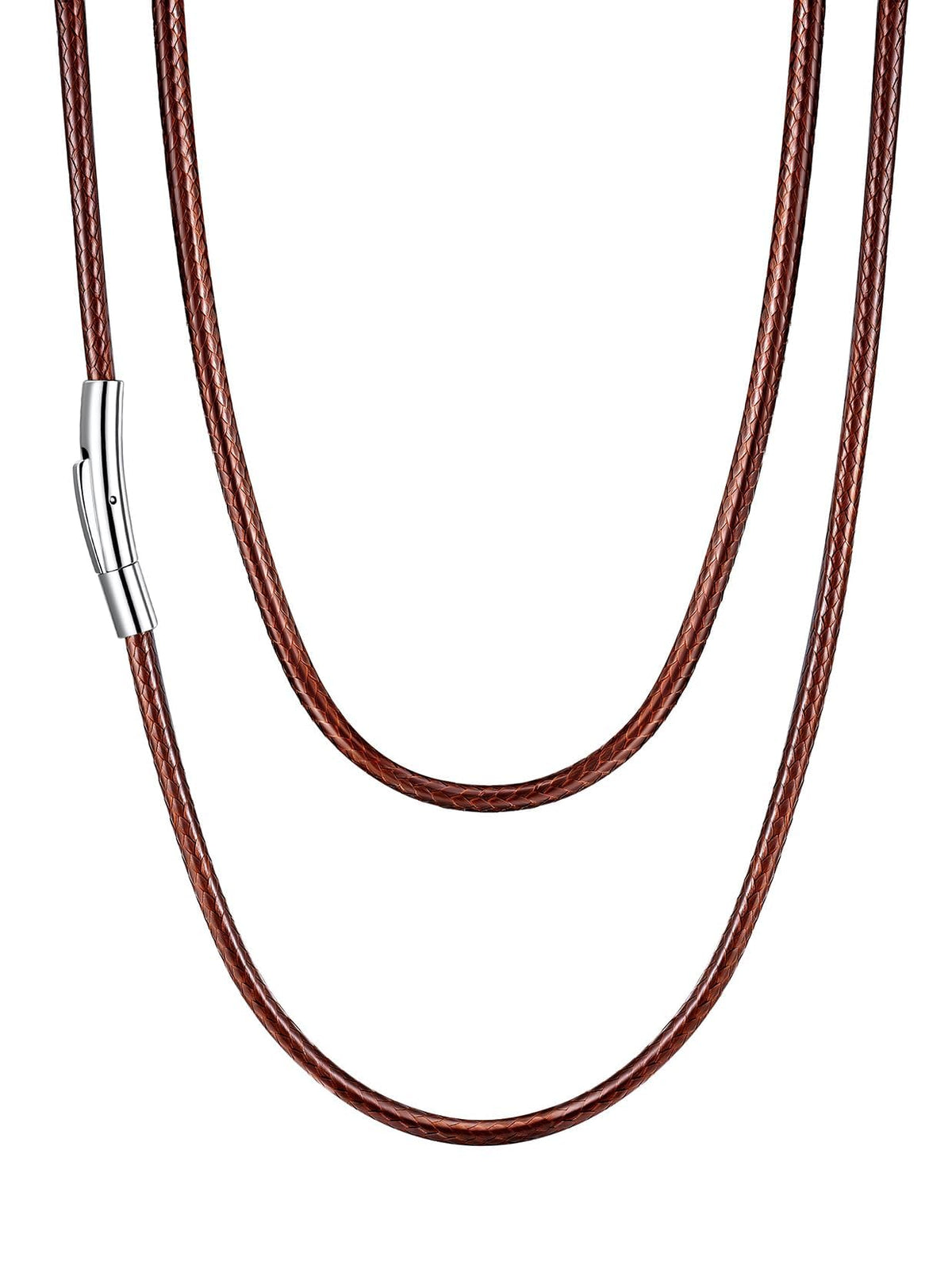 U7 Men Women Braided Leather Cord Necklace with Stainless Steel Snap Clasp 3mm Wide DIY Waterproof Woven Brown Rope Chain 20 Inch