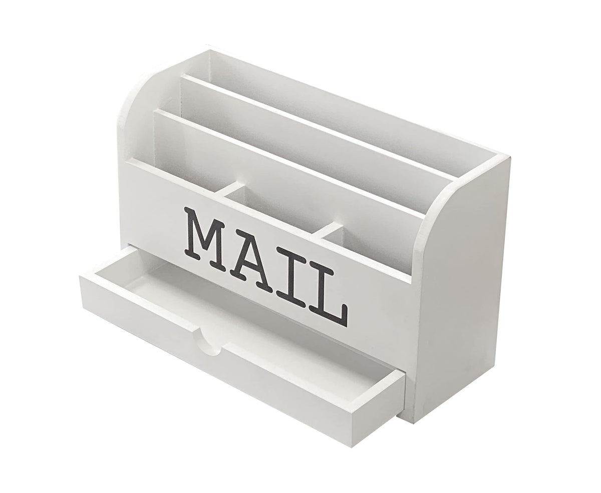 Cregugua White Desk Organizer Wooden Mail Storage box for tabletop office home,5 compartments with Drawer (4x11.8x7 in)