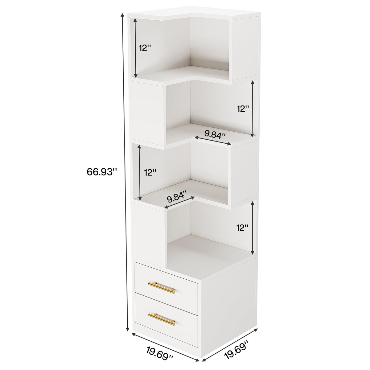 Tribesigns 5-Tier Corner Bookshelf with 2 Drawers, 66.9-Inch Tall Corner Bookcase Shelf, Modern Simple Corner Storage Cabinet Display Rack Shelf for Living Room, Home Office (White)