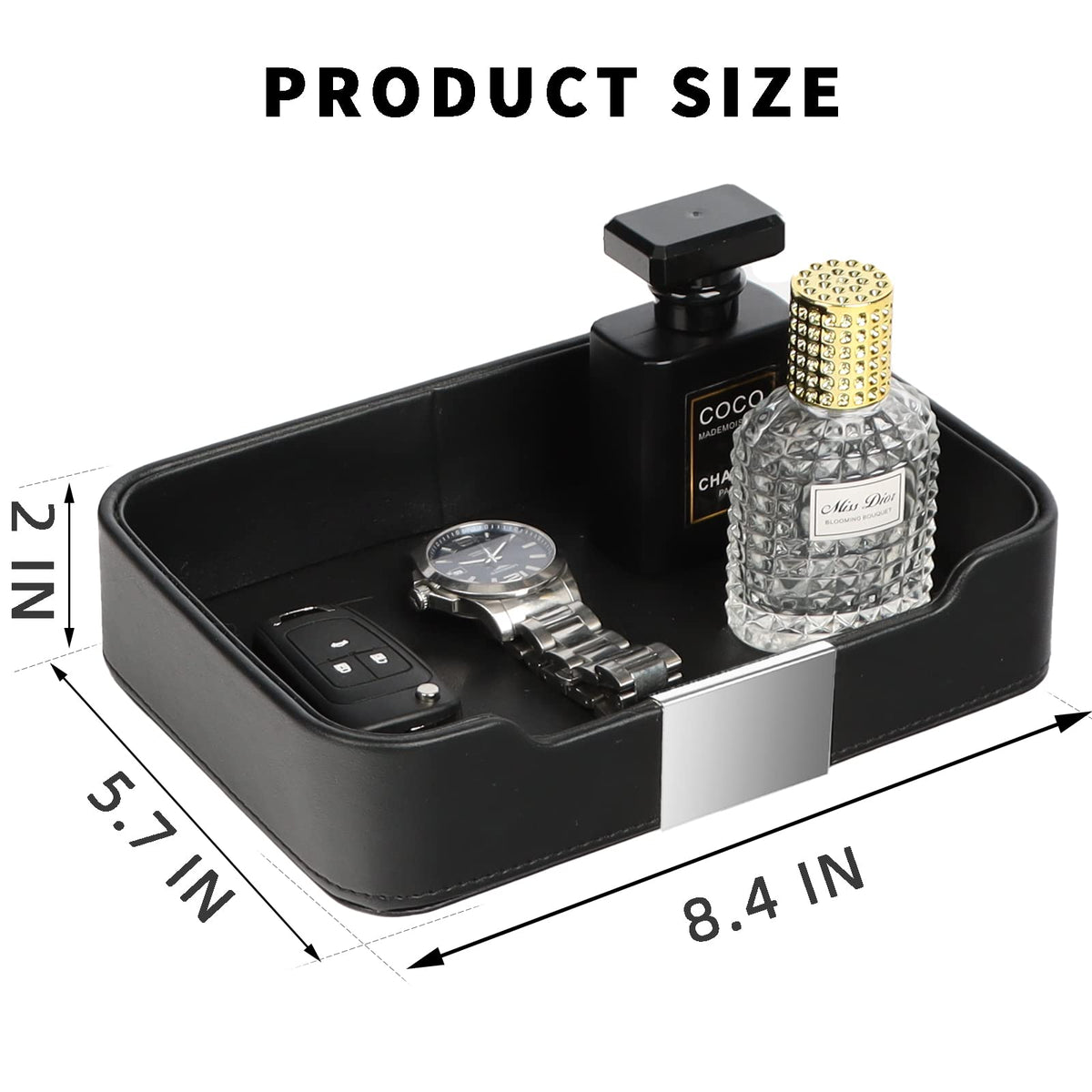 SANZIE Luxury Leather Tray Organizer Valet Tray Key Tray for Entryway Table Desktop Storage Catchall Tray Decorative Tray for Jewelry Keys Wallet Phone Watch (Metal Silvered, Black)