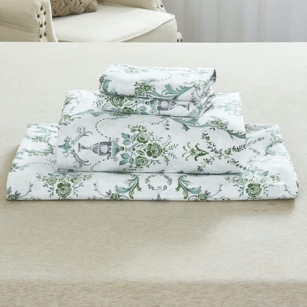 DAUAOTO 100% Cotton Bedding Printed Sheets Set for Full Size Bed Up to 14" Deep Mattress, Botanical Vines Pattern Bedlinen Sets, Green