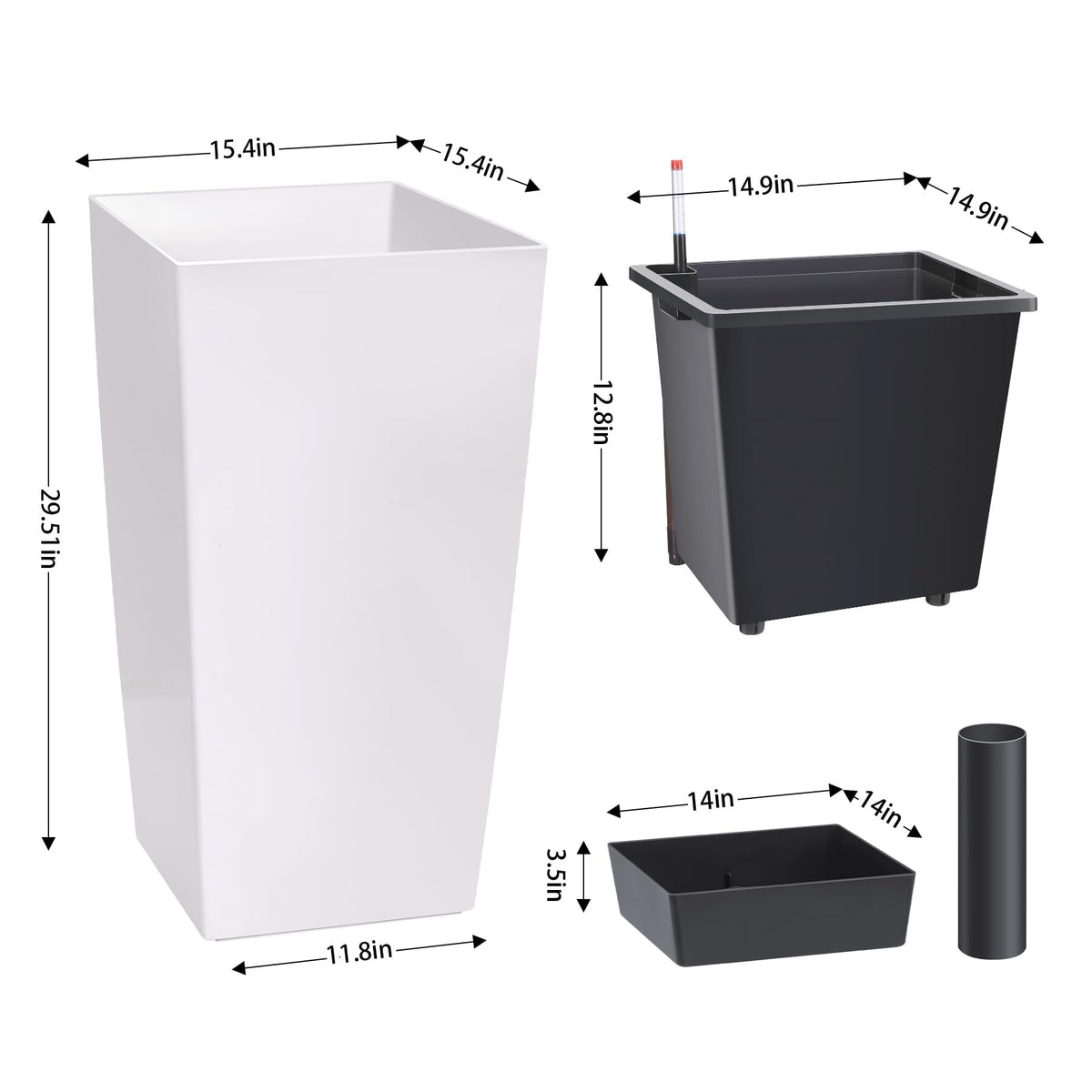 30 Inch Tall Self Watering Planters Set of 2, Outdoor Plant Pots with Automatic Watering System, Water Level Monitor, Drainage, Wheels & Inner Bucket, for Front Porch & Indoor Plants White