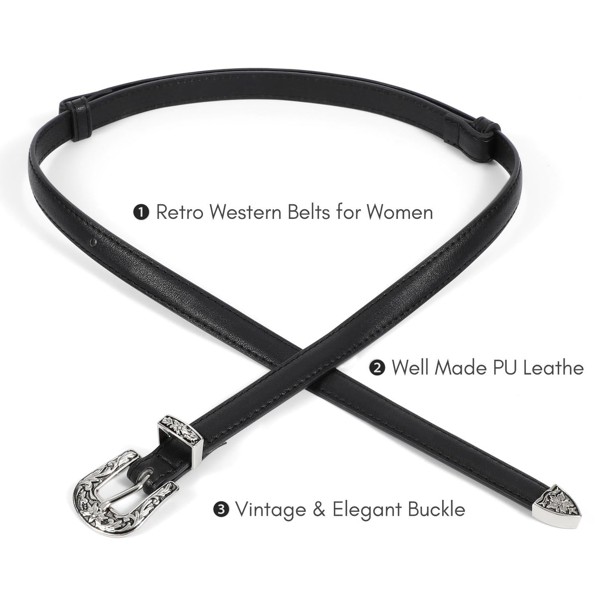 SUOSDEY Western Skinny Leather Belts for Women Adjustable Thin Waist Belt for Dresses with Vintage Buckle