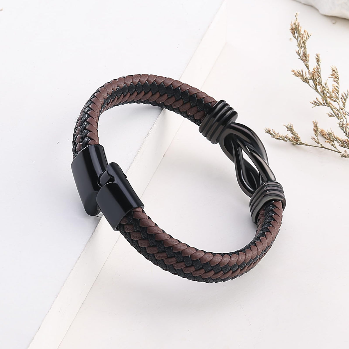 QWNHONEY Boyfriend Birthday Gift Ideas Infinity Knot Leather Christmas Anniversary Mens Brown Braided Cuff Bracelet 8.5 Inches