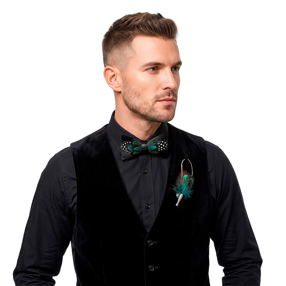 OhMill Men’s Handmade Feather Bow Tie Adjustable Leather Pre Tied Bowtie and Brooch Sets for Weddings Groom Prom Parties