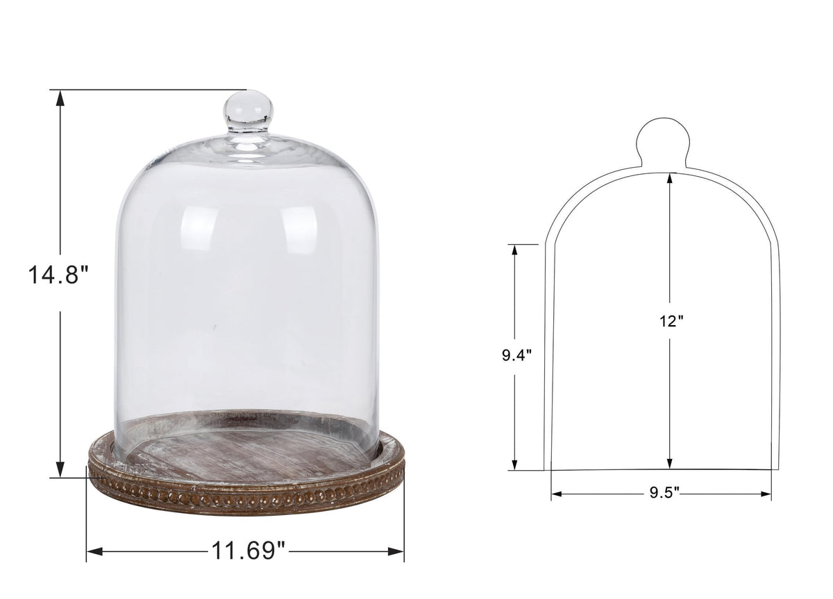 14" Large Handmade Sturdy Glass Cloche With Brown Beaded Wooden Base In Farmhouse & Cottage Style, For Terrarium, Trinkets, Cakes, Figurines (Brown, 10"x14")