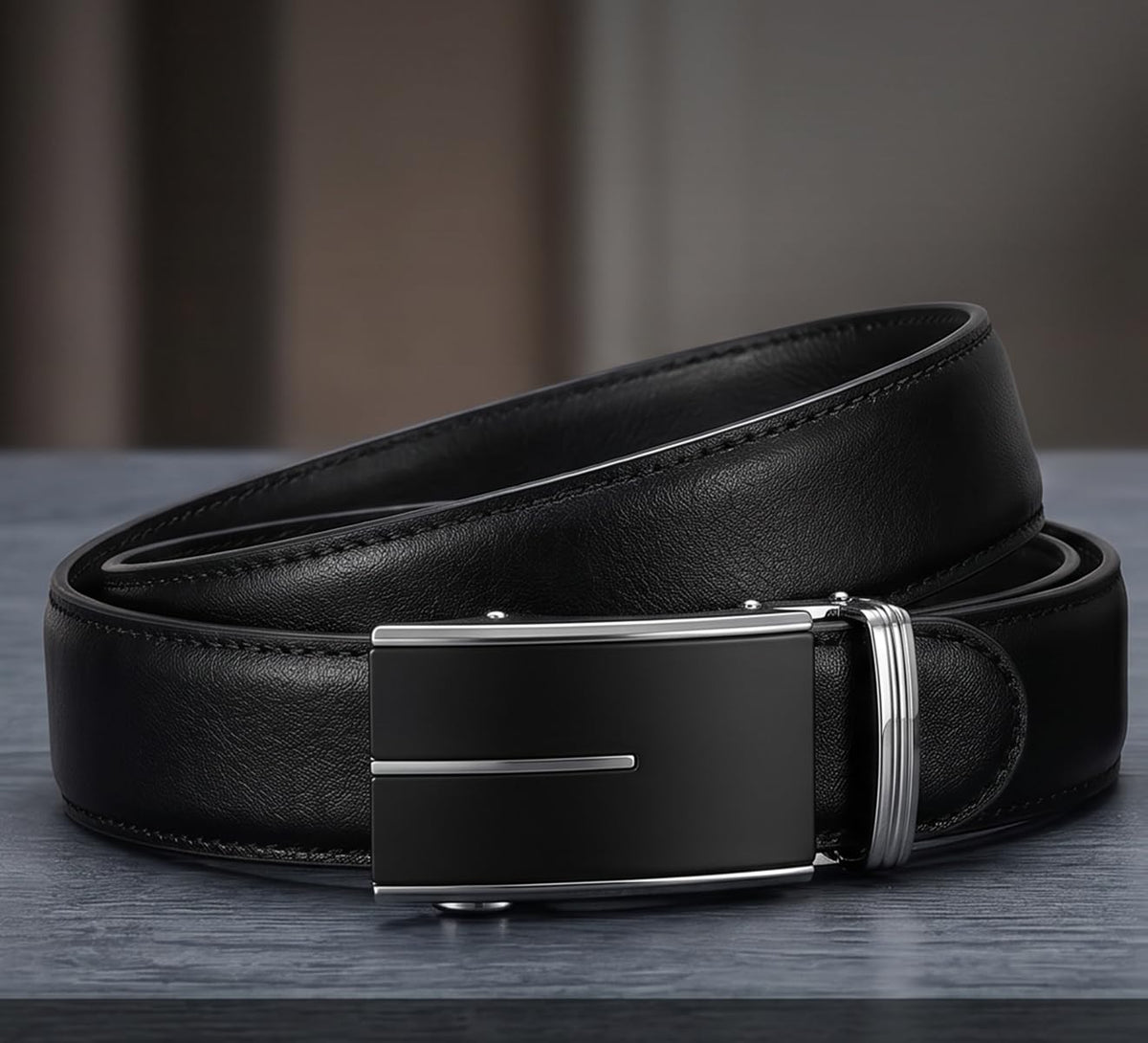 JINIU Mens Ratchet Belt Genuine Leather – Automatic Click Buckle Dress Belt with Minimalist Matte Black & Silver Design, Adjustable Trim to Fit Belt for Business, Work and Casual KT1 43"