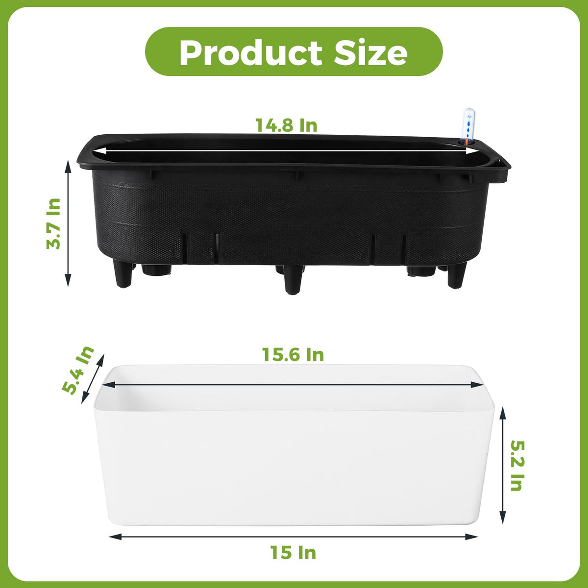 2 Pack Rectangular Planter 15.6 x 5.4 in Self Watering Planter Window Sill Planters Indoor Rectangle Plant Pot Self Watering Pots Plastic Plant pots with Drainage Holes Black Flower Pot