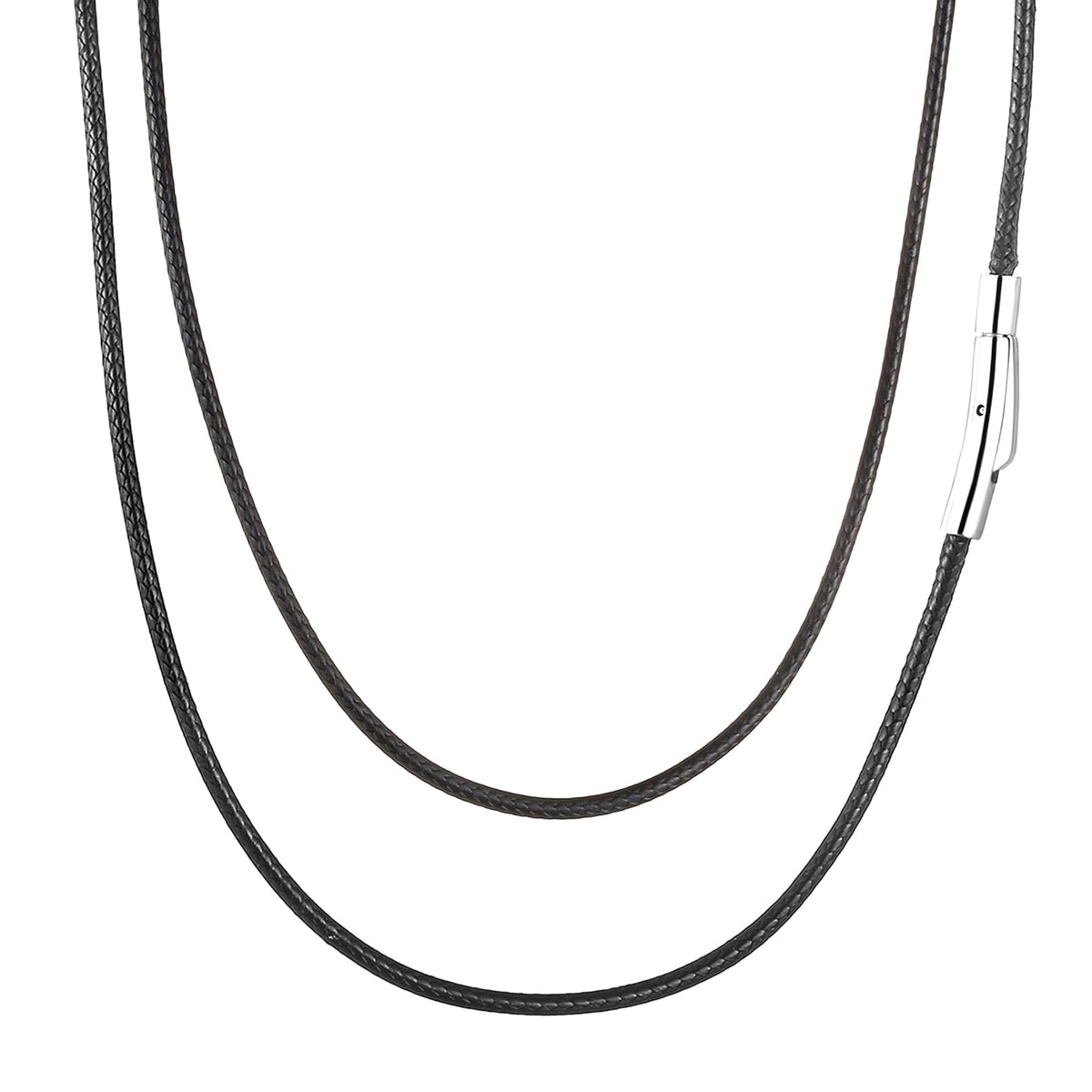 SKQIR 2mm Black Waterproof Braided Leather Cord Necklace with Durable Stainless Steel Snap Clasp Men Women Woven Wax String Rope Chain for DIY Pendant Length 24"