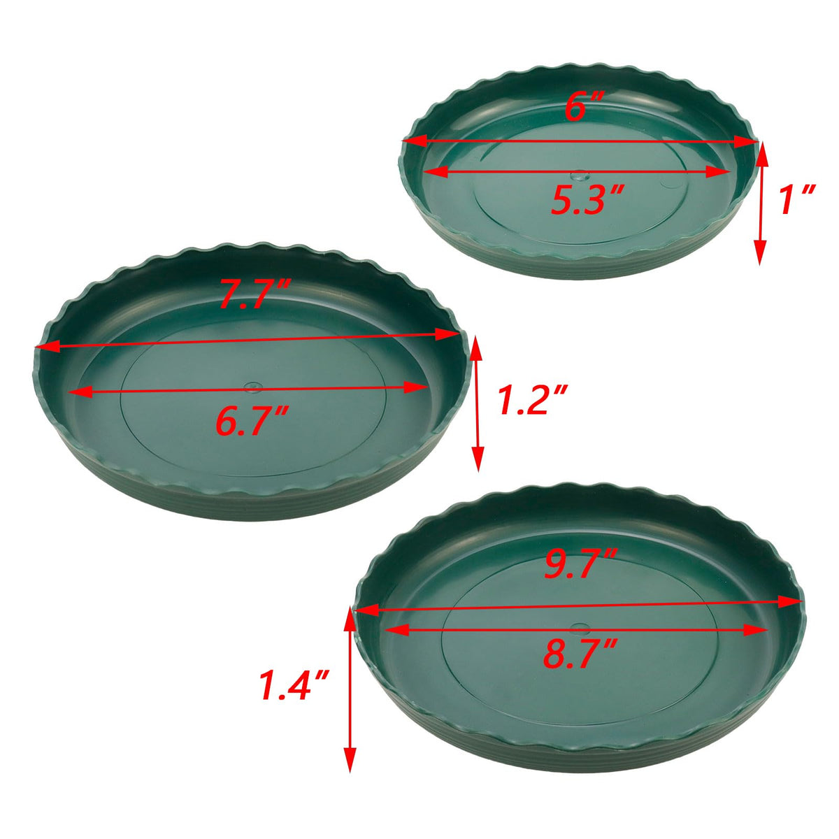 Dnyta 12pcs Dark Green Plant Saucer Plastic Planter Water Tray Flower Saucers Plates for Indoor Outdoor Plants (6" /8" / 10")