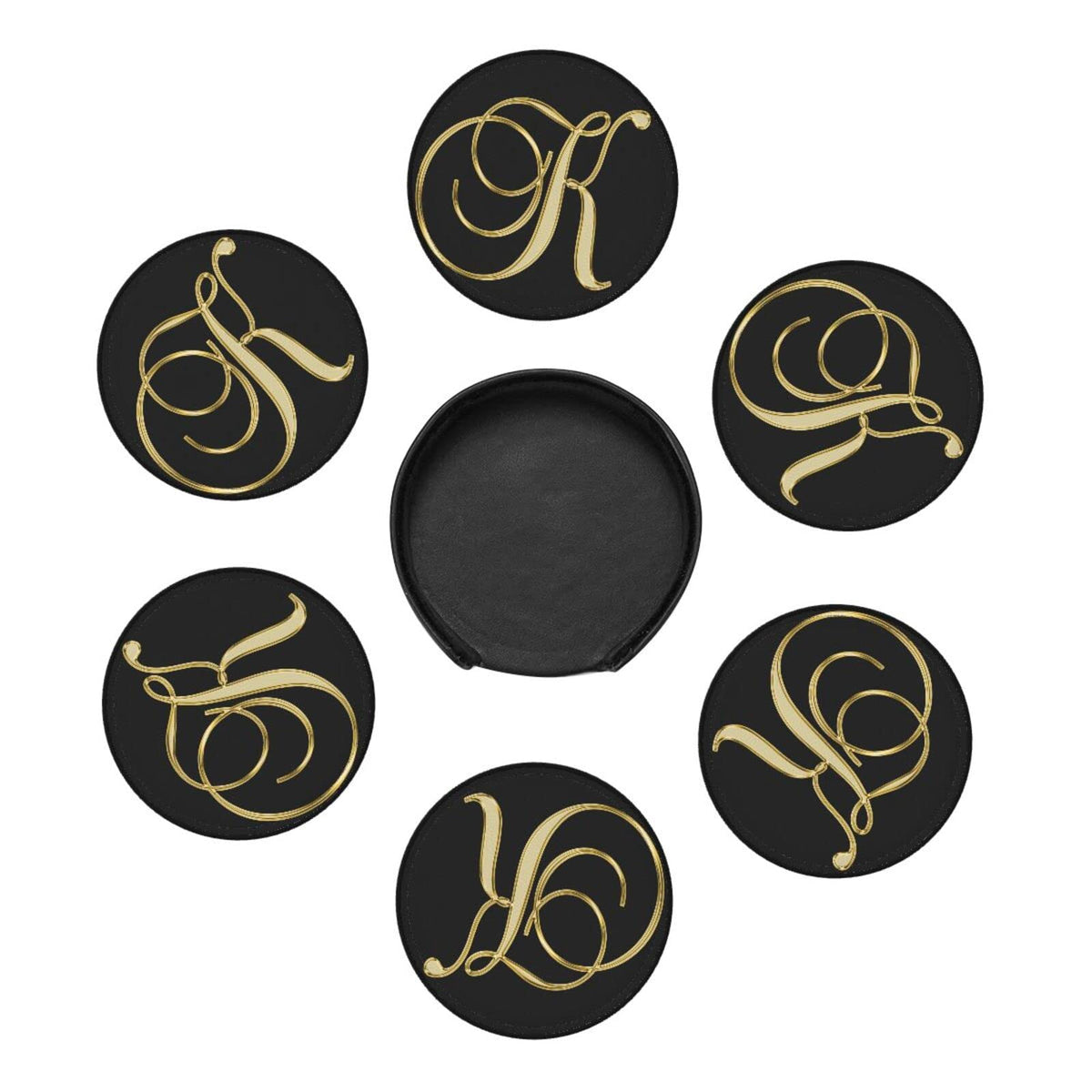 Famame 6 Pcs Letter K Alphabet Gold Print Leather Coasters for Drinks with Holder Coaster Sets Drink Table Cup Coasters for Living Room Kitchen Coffee Decor