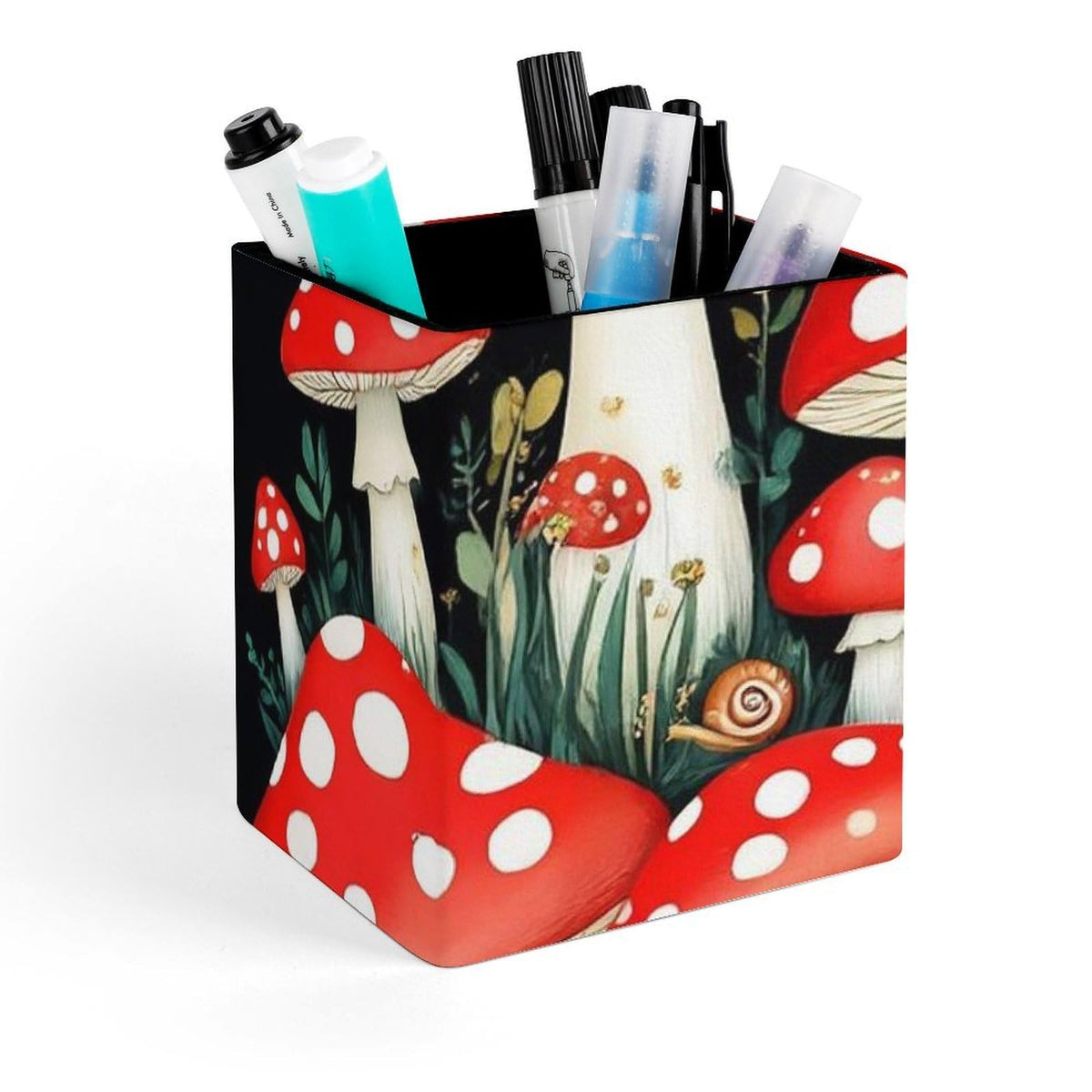 UTRSIFB Pen Holder Square Leather Pencil, Holder Cup Makeup Brush Storage Organizer, Waterproof Multifunctional Office Supplies Wild Mushrooms