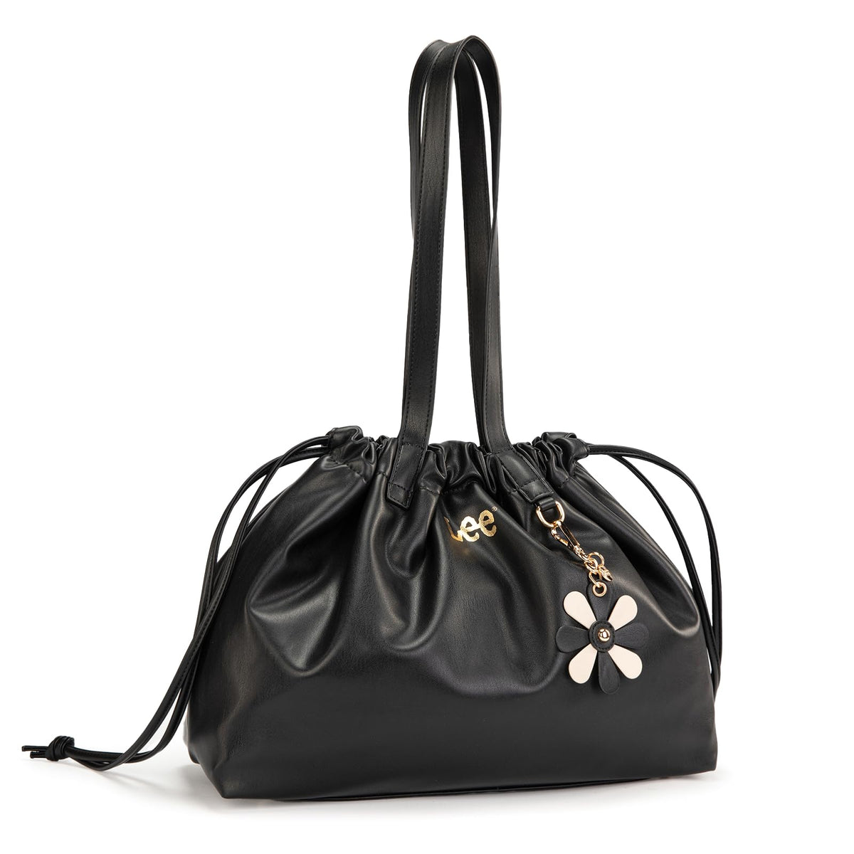 Lee Leather Tote Bag for Women, Spacious Vegan Leather Shoulder Bag & Handbag with Drawstring Closure, Durable Shoulder Straps, Large Capacity Work & Travel Purse, LEE73-001BK