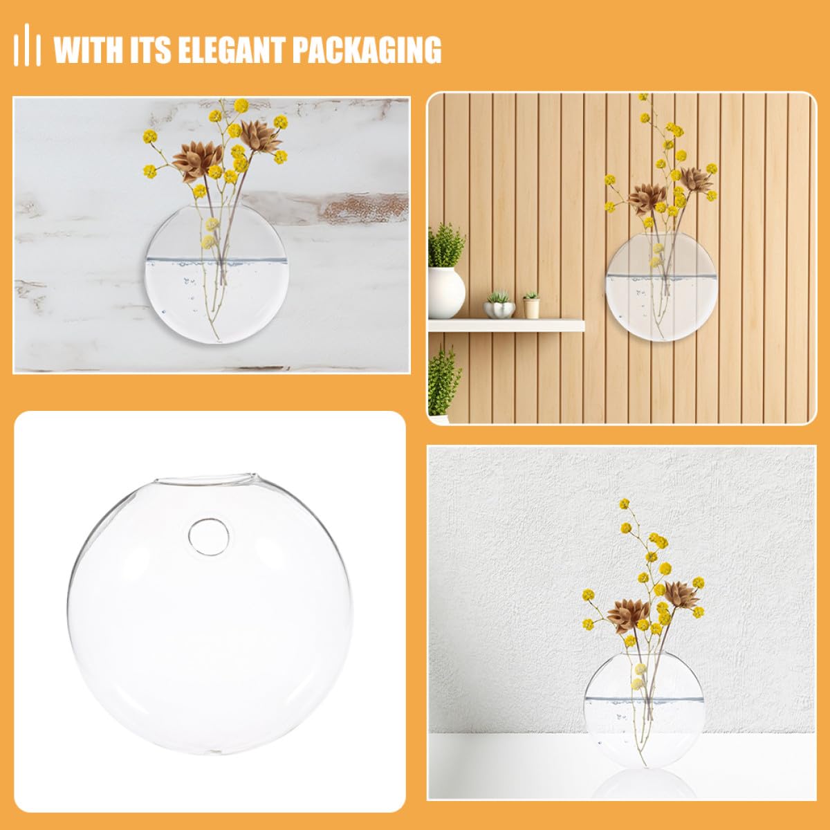 SEWACC 2pcs Glass Wall Hanging Flower Vase for Plants, Hydroponic Decorative Container, Indoor Wall-Mounted Terrarium Vase for Home and Office Décor