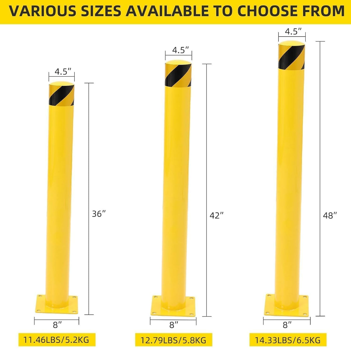 6-Pack 36 Inch Steel Safety Bollards, 4.5 Inch Diameter Parking Bollard Post with 24 Anchor Bolts, Yellow Safety Steel Bollard Post for Driveway Barrier, Traffic Control & Storefront Protection
