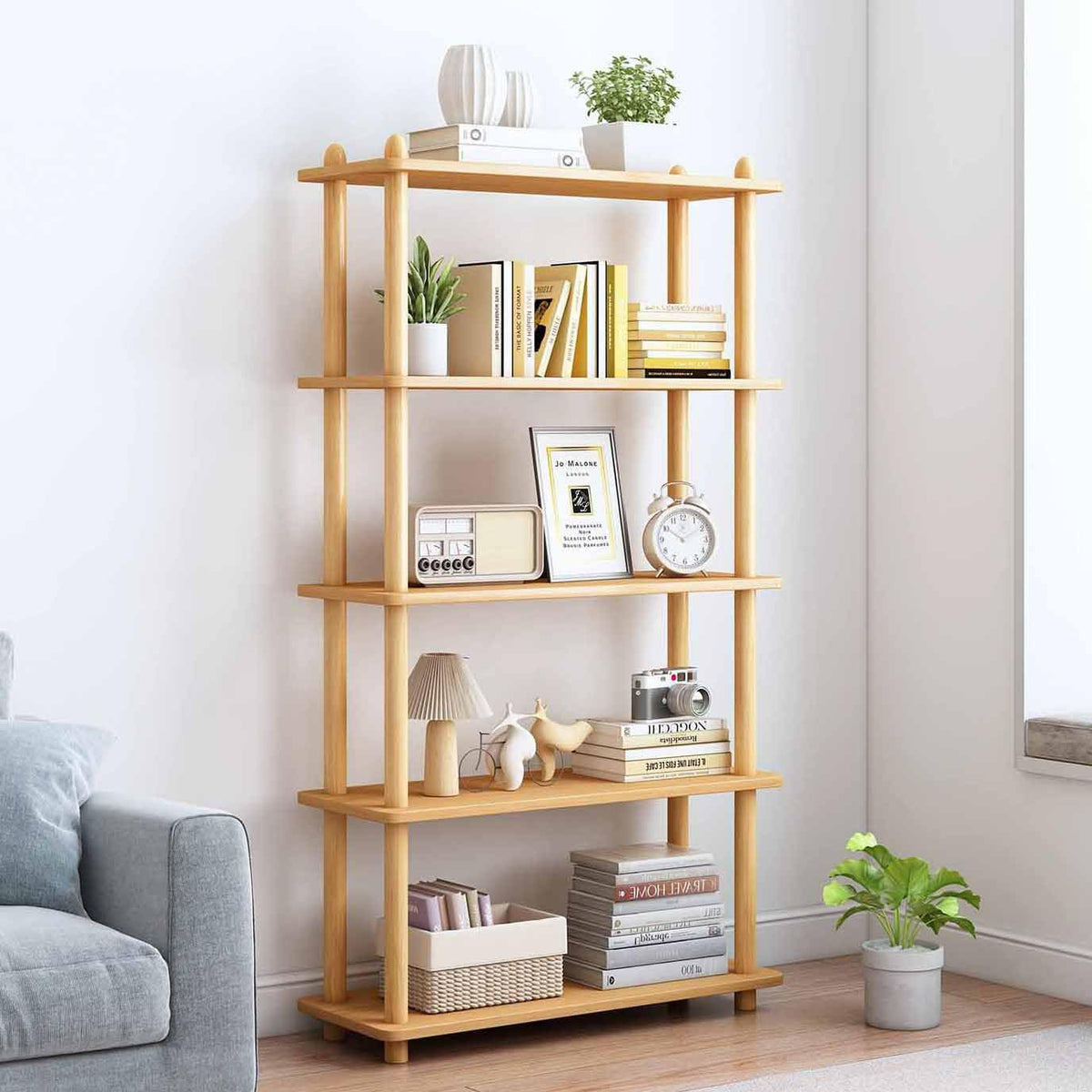 IOTXY 5-Tier Wooden Shelf Bookcase - Modern Open Bookshelf, Free Standing Storage Rack, Multifunctional Display Stand for Home and Office, Oak, Rectangle