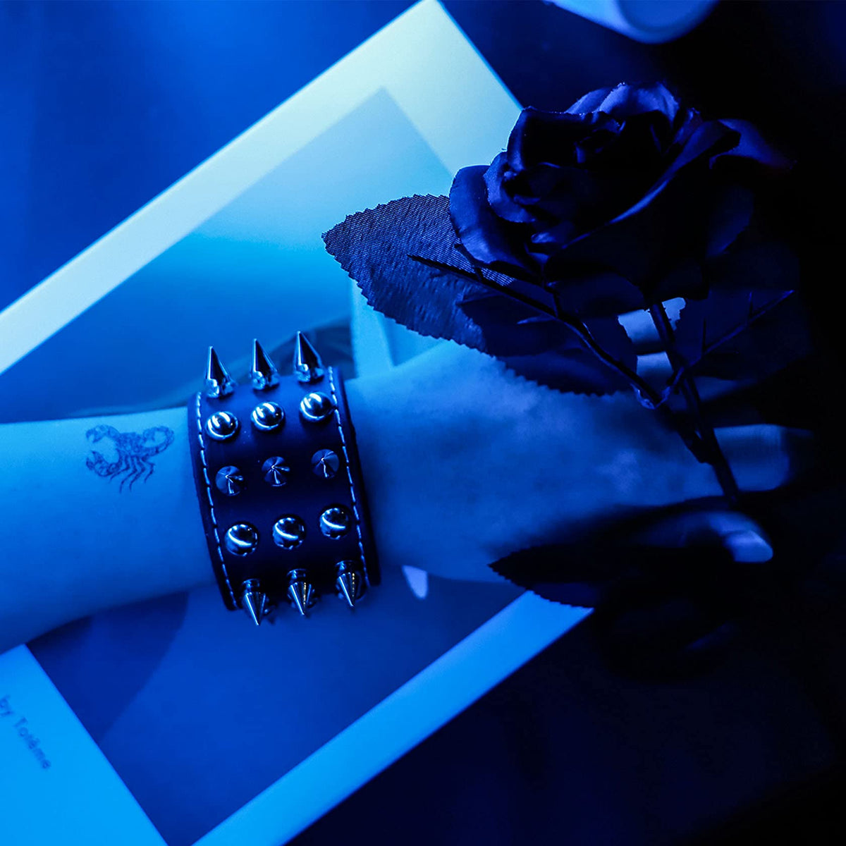 MILAKOO 2 Pcs Black Wristband Cuff Belt Bracelet Bangle Leather Rope Black Punk Rock Bracelet 6-8"