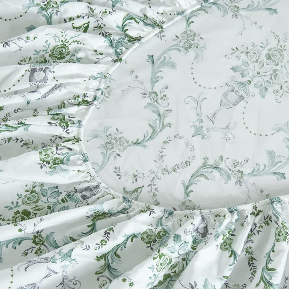 DAUAOTO 100% Cotton Bedding Printed Sheets Set for Full Size Bed Up to 14" Deep Mattress, Botanical Vines Pattern Bedlinen Sets, Green