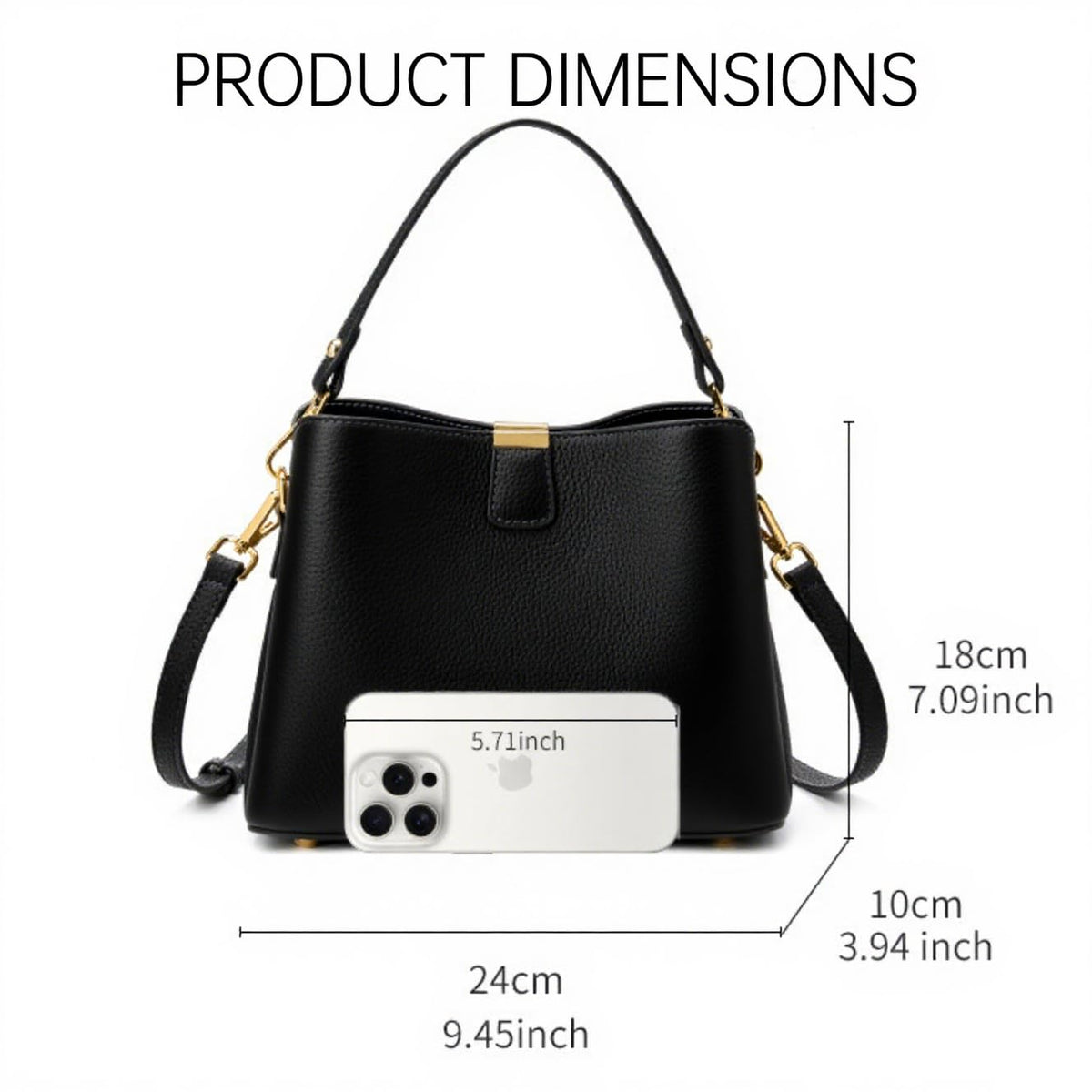 Leather Bucket Bag for Women, Soft Crossbody Top-handle Purse with 2 Style Adjustable Straps, Spacious Daily Handbag for Work, Black
