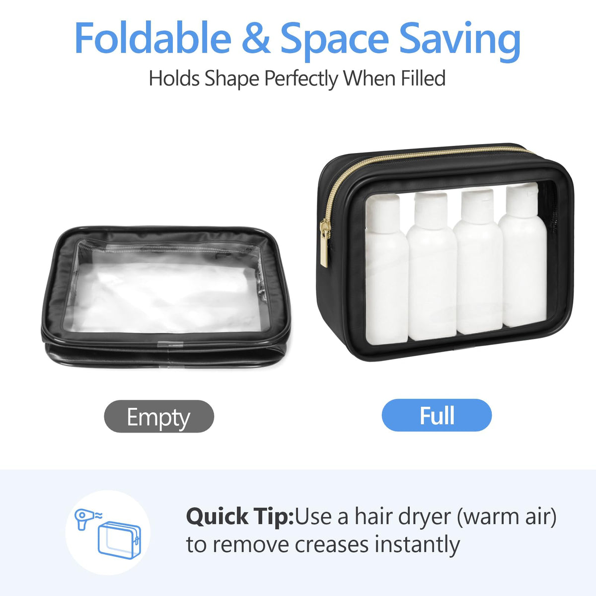 PACKISM 2 Pack Clear Makeup Bag Set (1 Large 1 Medium) - Foldable TSA Approved Toiletry Bag for Carry-on & Checked Luggage, Water Resistant Car Storage Organizer, Black