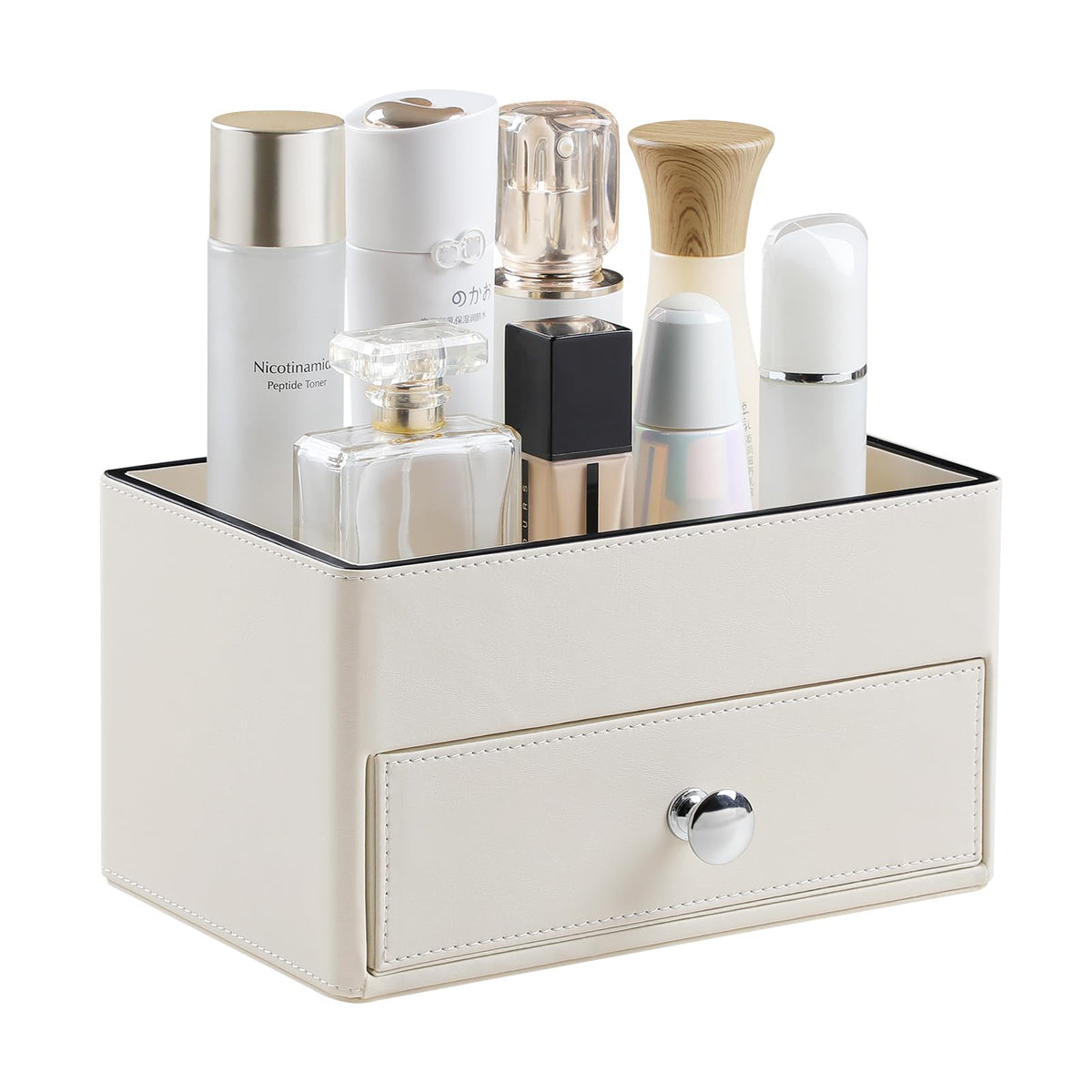 MEIBOOCH PU Leather Desk Organizer with Drawer, Multifunctional Nightstand Organizer, Waterproof Makeup Organizer for Vanity Bathroom Countertop Bedside Table (Beige)